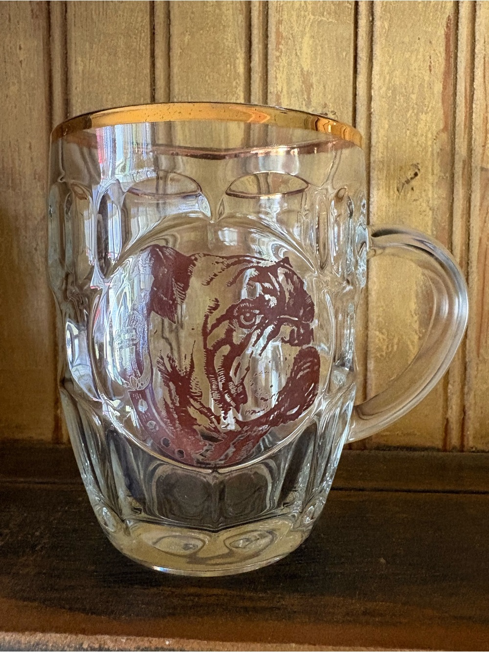 Vintage Mack Trucks Arcoroc France Dimpled Glass Beer Mug Gold Rim 5"